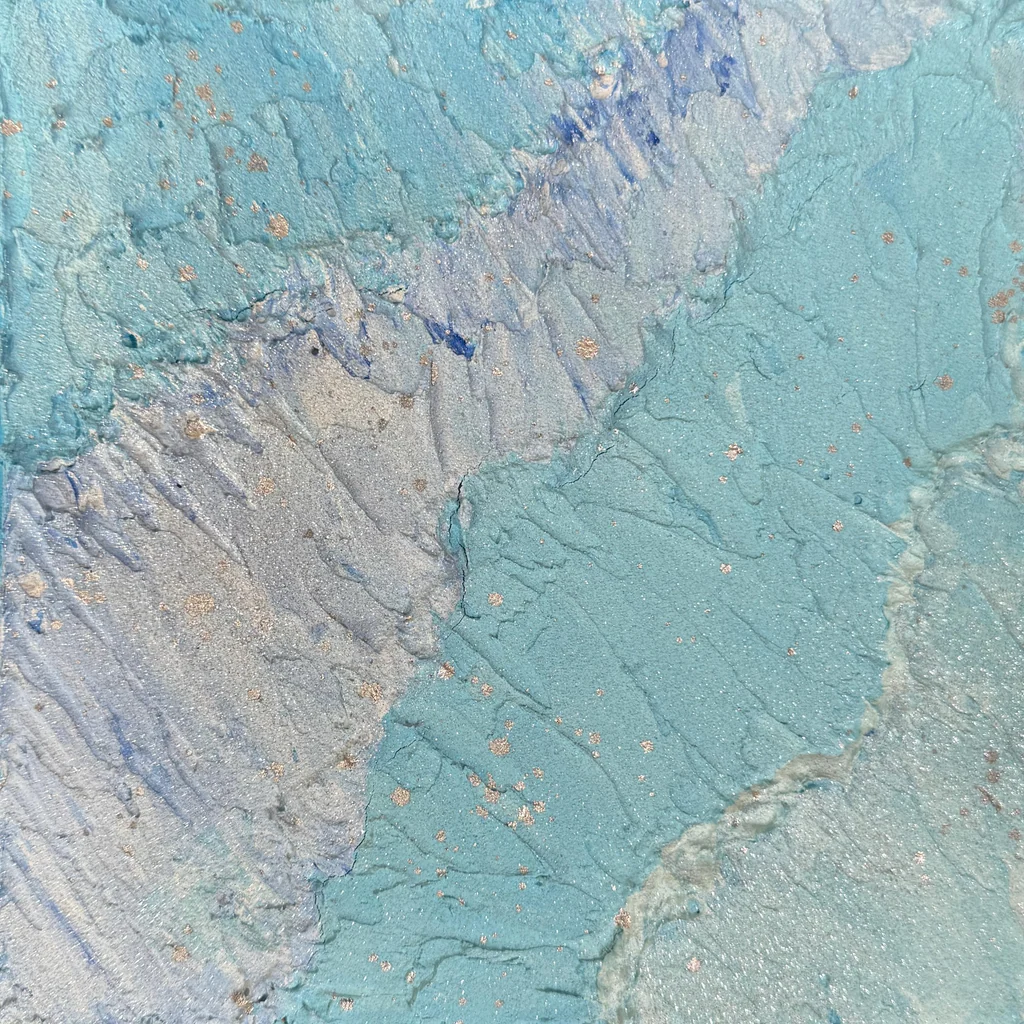 Azuurgetij, Acryl, structuurpasta en glitter op doek
